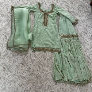 Elegant Mint Green Women’s Palazzo Pants Set with Embellished Kurti